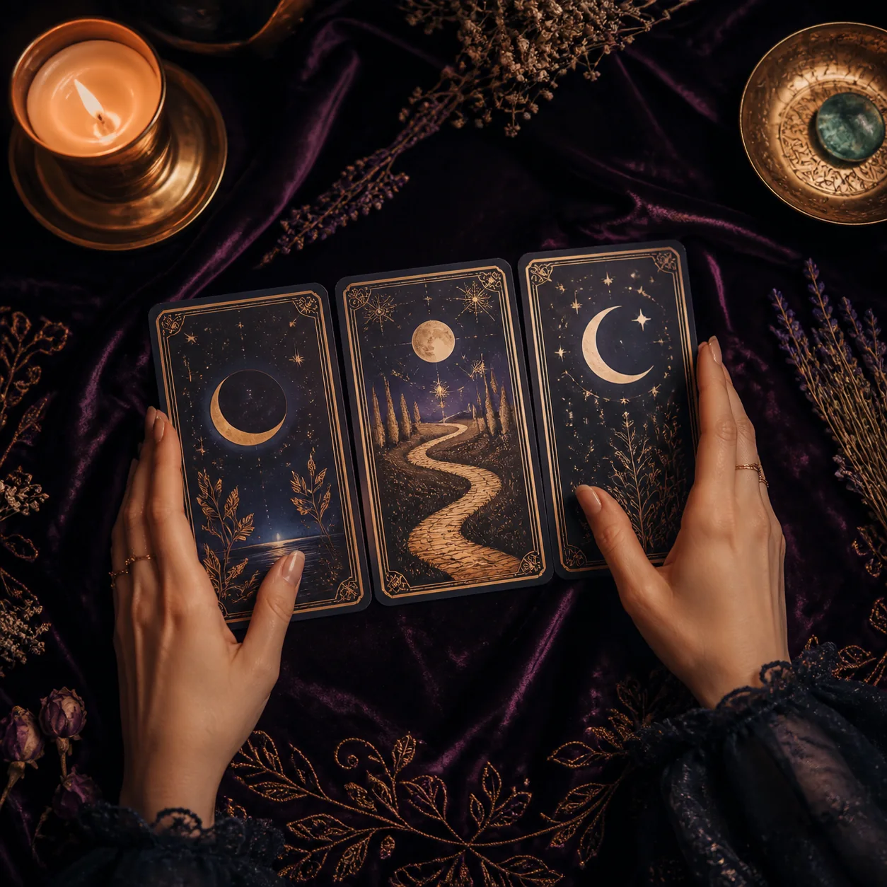 Three moon-themed tarot cards arranged for a reading on deep purple velvet