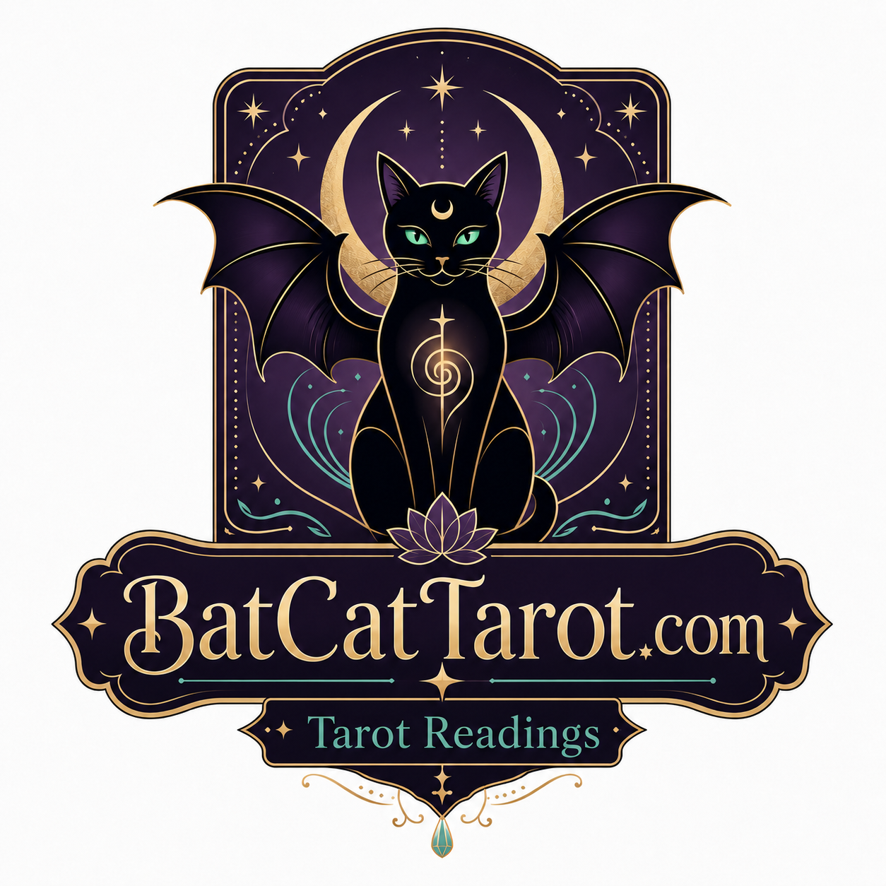 Bat Cat Tarot logo featuring a black winged cat framed by a golden crescent moon and stars
